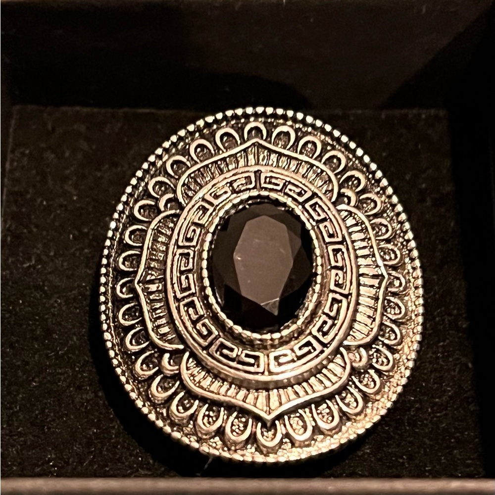 Vintage Costume Silver Tone Black Stone Statement Ring